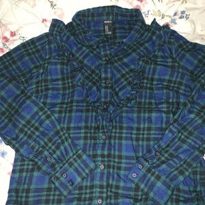 Ruffle plaid button down